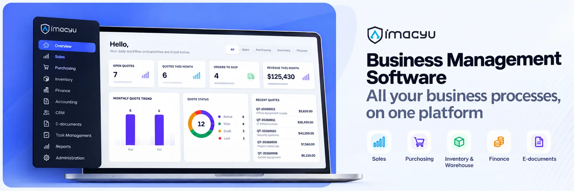 Business management software: all your business processes on one platform. Sales, purchasing, inventory and warehouse, finance, e-documents.